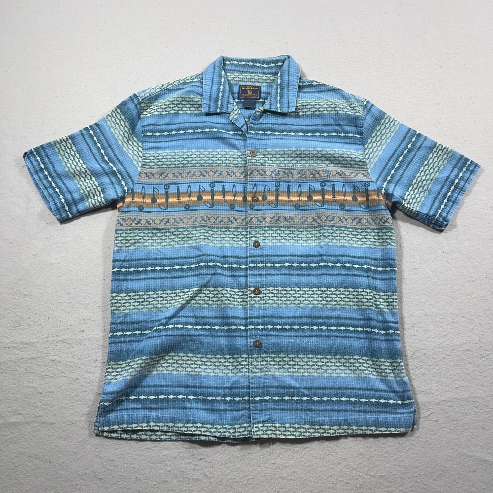 Woolrich Mens Large Blue‎ Green Fishing Lure Scale Print Cotton SS Button Shirt